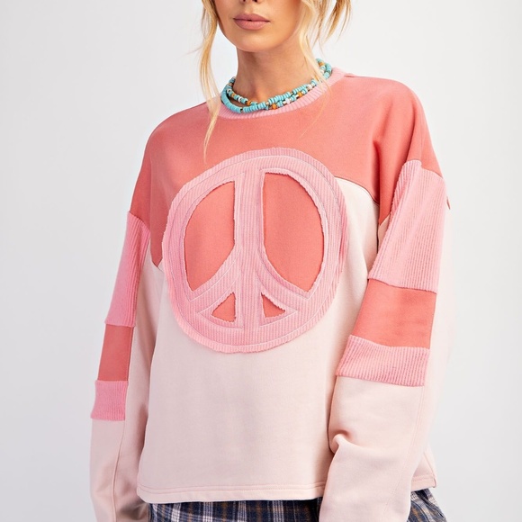 New Easel Pink Peace Terry Knit Pullover Patchwork Sweatshirt Boho Patch - Picture 1 of 7